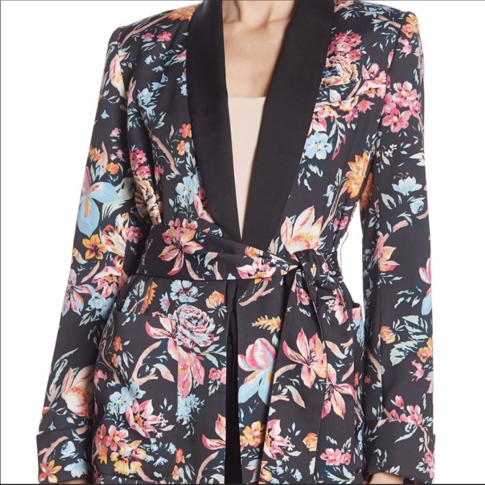 French Connection satin floral belted smoking jacket blazer